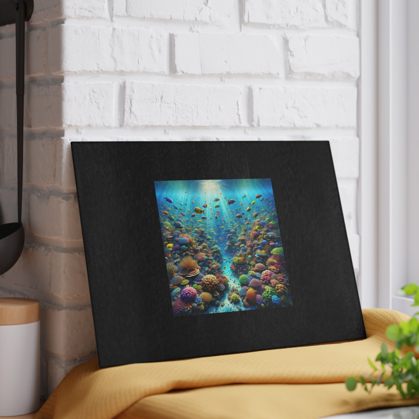 Glass Cutting Board, 2 sizes - Busy Coral Reef/Black