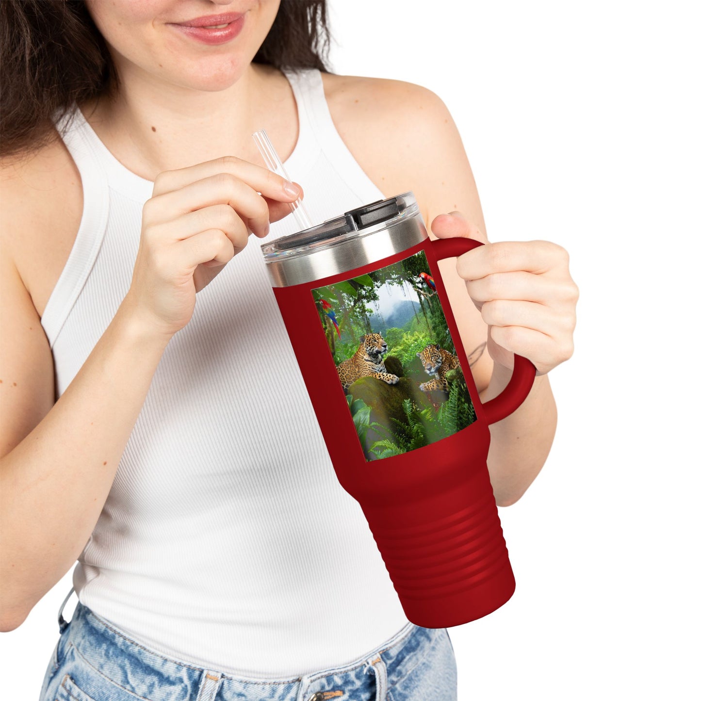 Insulated Travel Mug, 40oz / Jaguars and Parrots - Perfect for Outdoor Adventures