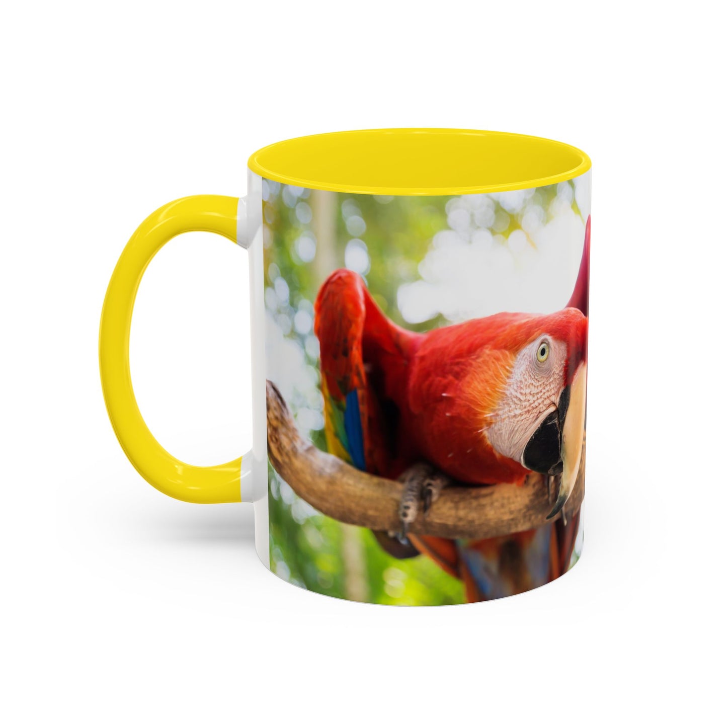 Accent Coffee Mug (11, 15oz), "I Run on Caffeine and Drama!" Parrot / Various Colors