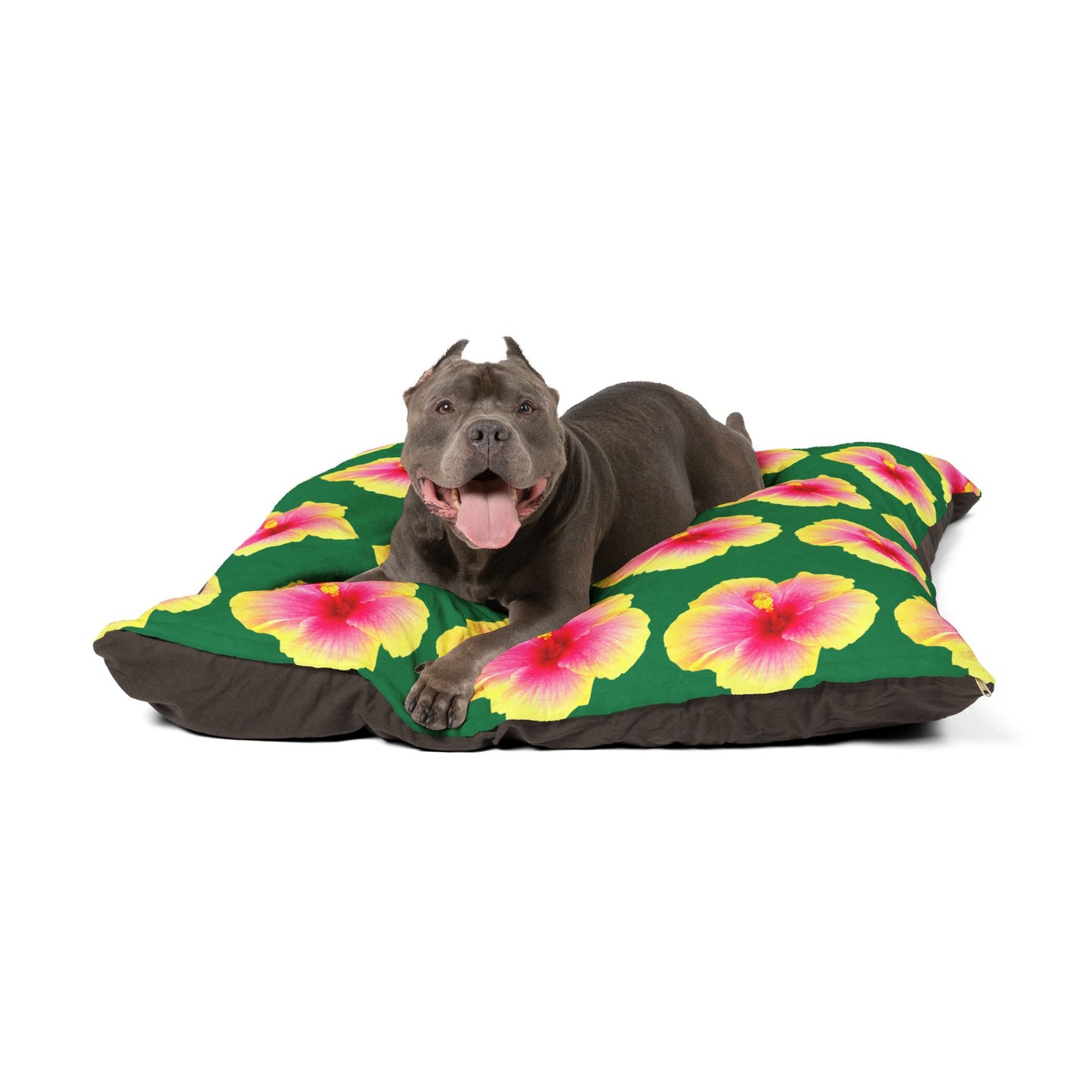 Pet Bed - Cozy and Fun Dog or Cat Bed for Beach Lovers / Real Yellow & Pink Hibiscus/Dark Green