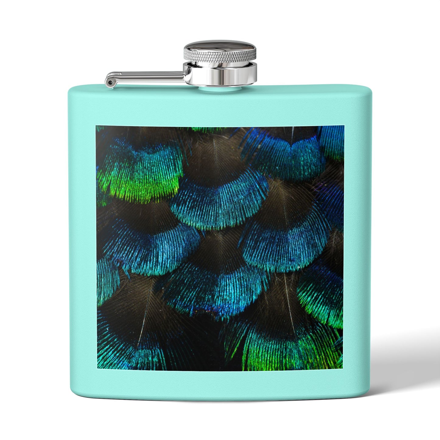 Tropical Stainless Steel 6 oz. Flask, Many Colors  – Real Eyelash Blue/Green Peacock Feathers