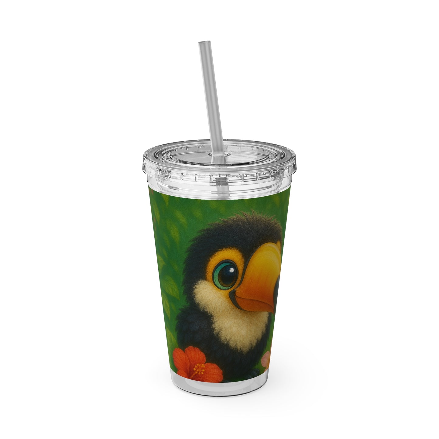 Tropical Tumbler with Straw | 16oz Colorful Travel Cup / Baby Toucans