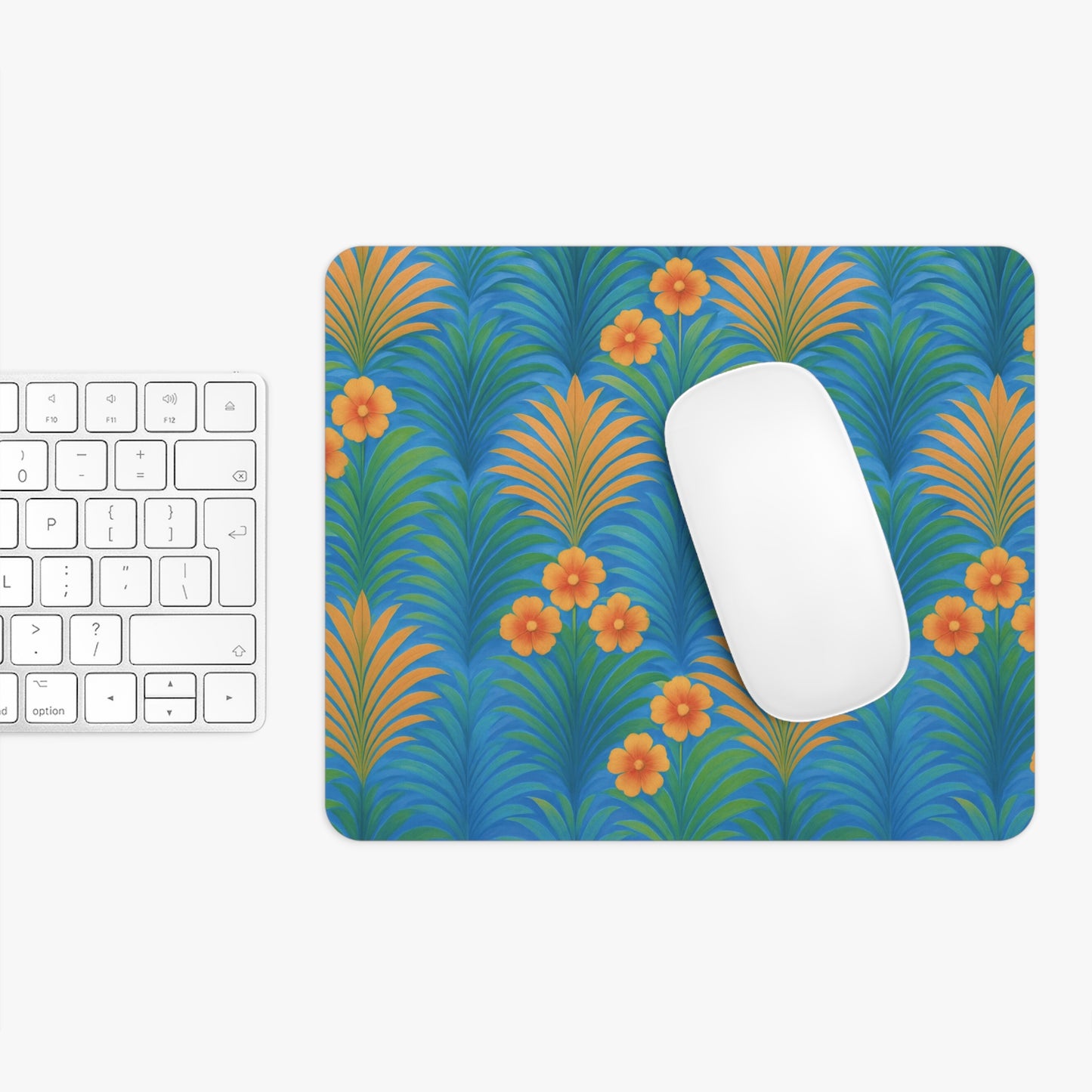 Rainforest Mouse Pad, 2 Shapes - Beach Vibes for Home Office & Gamer / Sunrise Palms, Orange/Blue