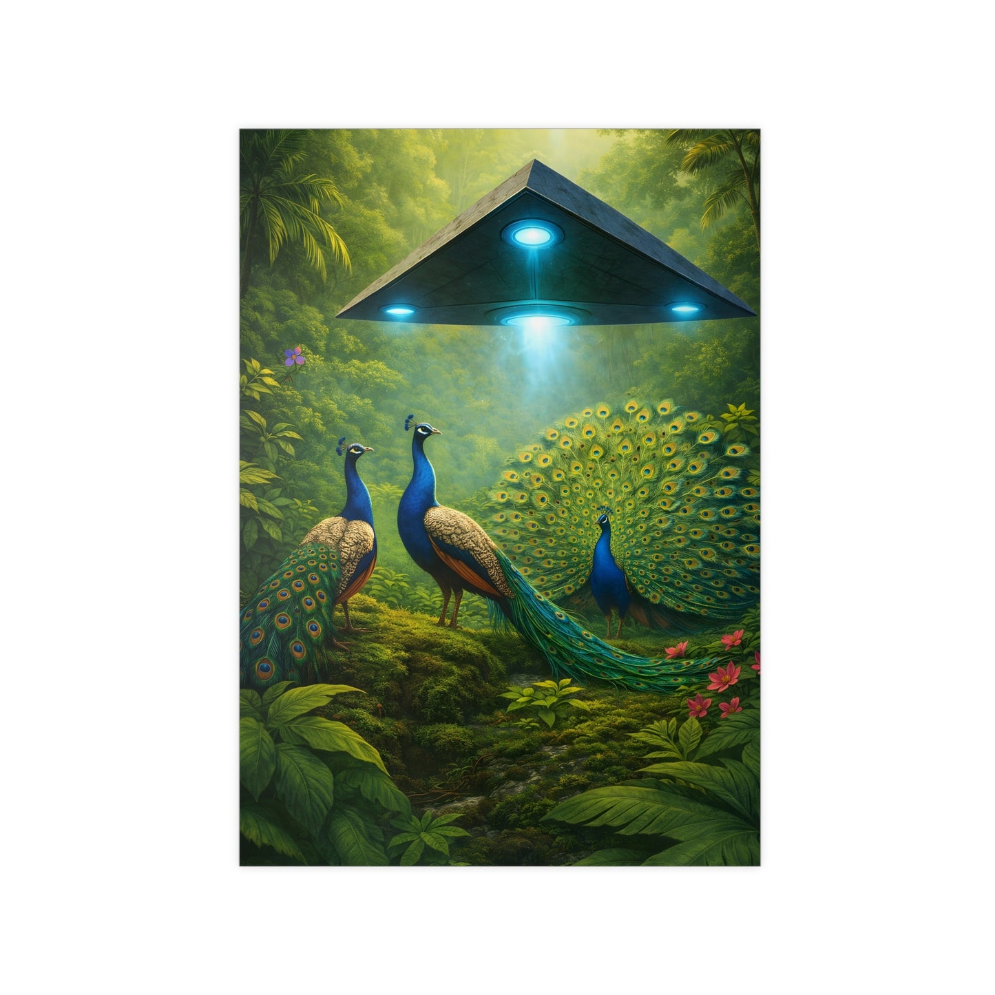 Photopaper Poster — UFO & Peacocks Sci‑Fi Wall Art