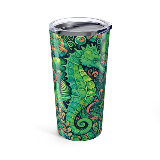 20oz Tropical Glossy Tumbler, Stainless Steel / Seahorse Trio, Lime Green