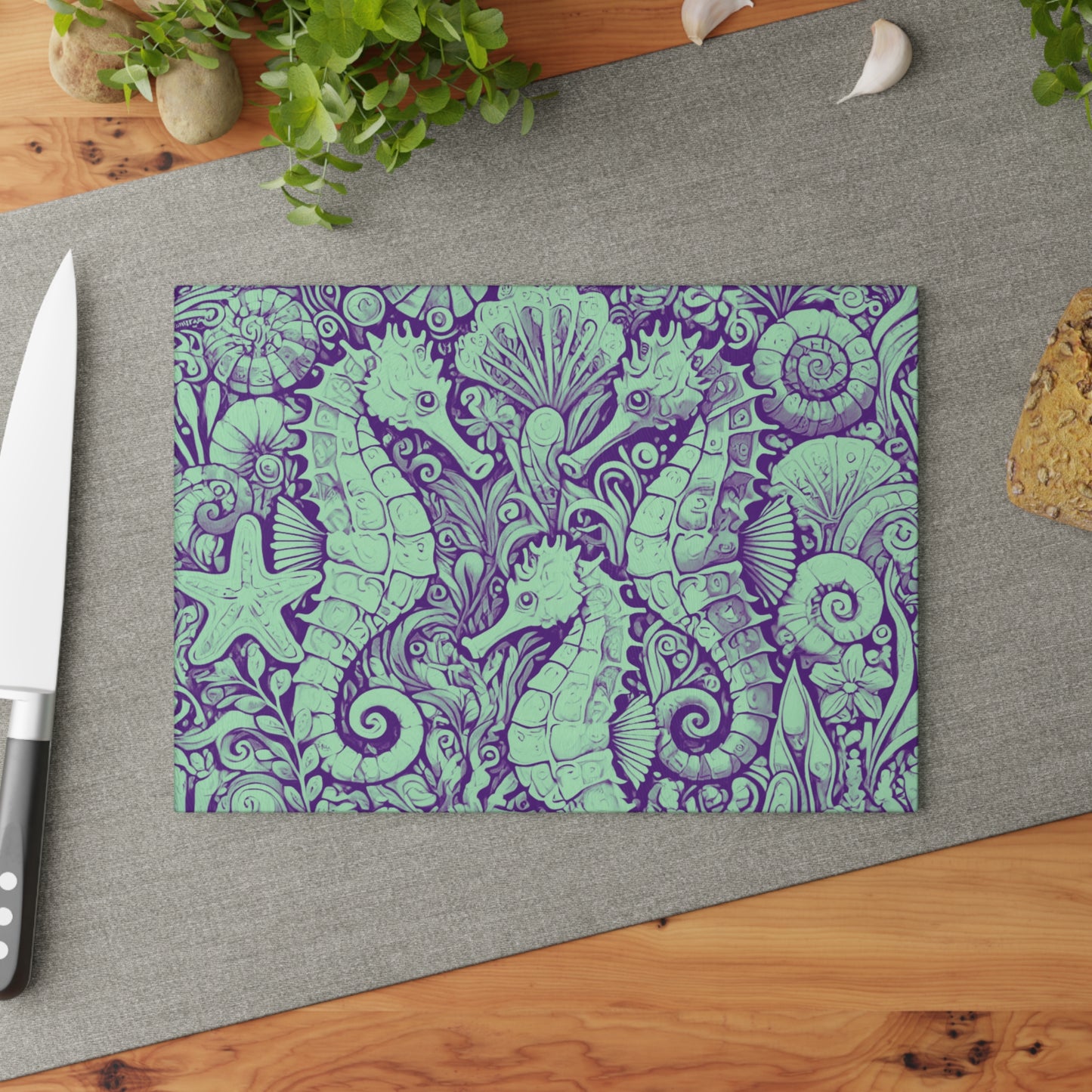 Glass Cutting Board, 2 sizes - Seahorses Minty
