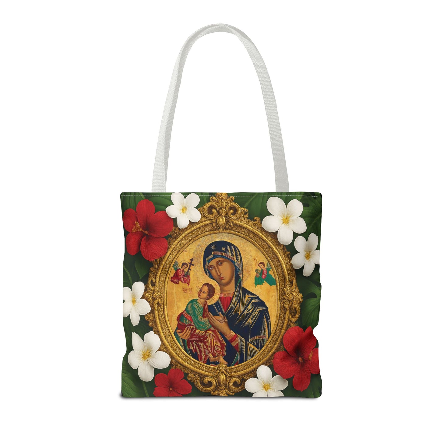 Religious Art Polyester Tote Bag, 3 Sizes / Our Lady of Perpetual Help, Red Flowers