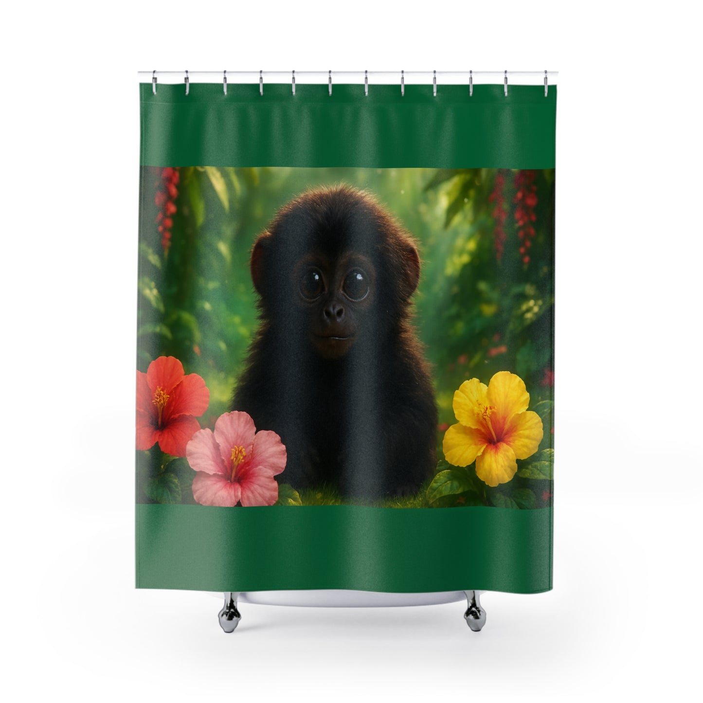 Tropical Shower Curtain - Rainforest Bathroom Decor / Baby Howler Monkey/Dark Green
