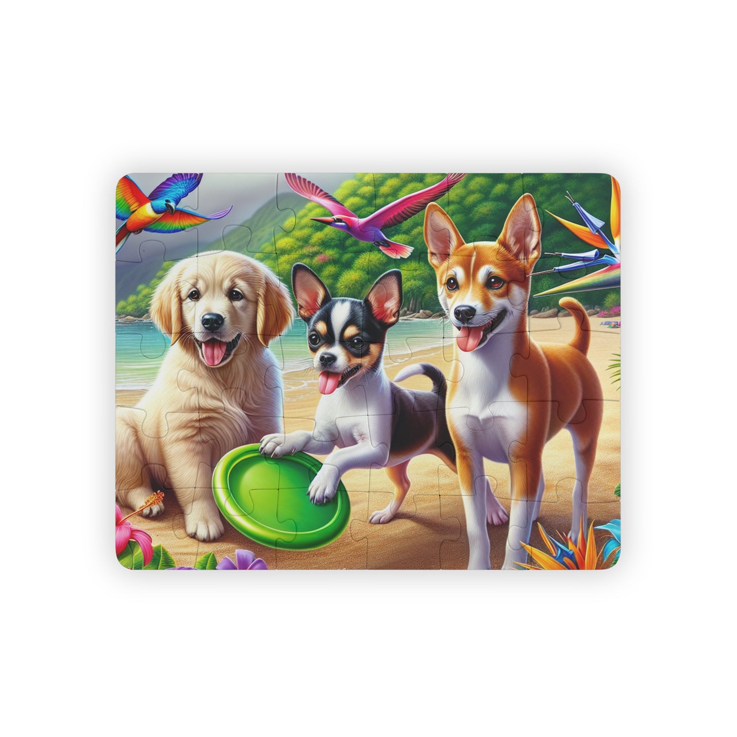 Tropical Kids' Puzzle - 30-Piece Puzzle for Fun and Learning / Three Puppy Friends on Beach