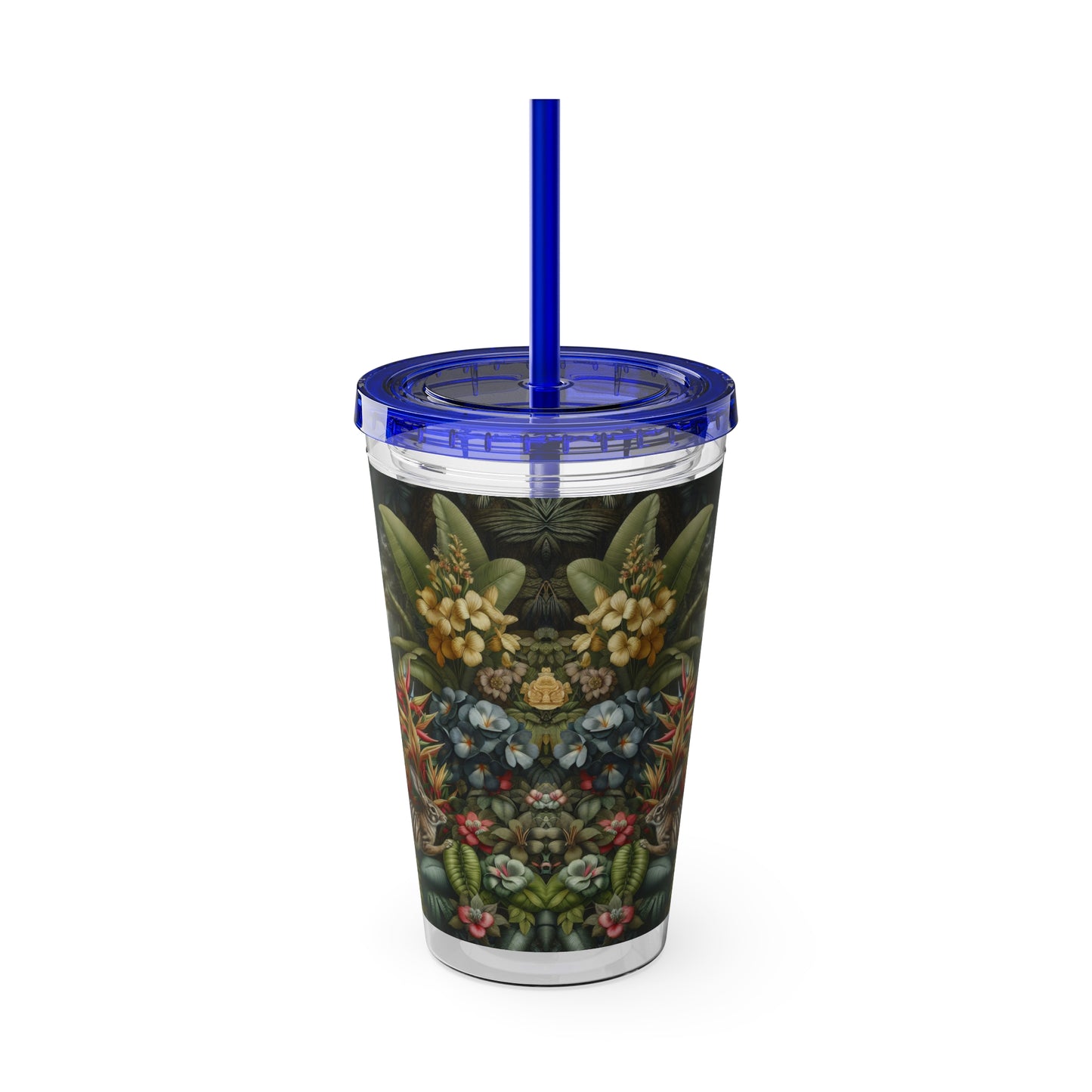 Tropical Tumbler with Straw | 16oz Colorful Travel Cup / Rainforest Rabbit Outing