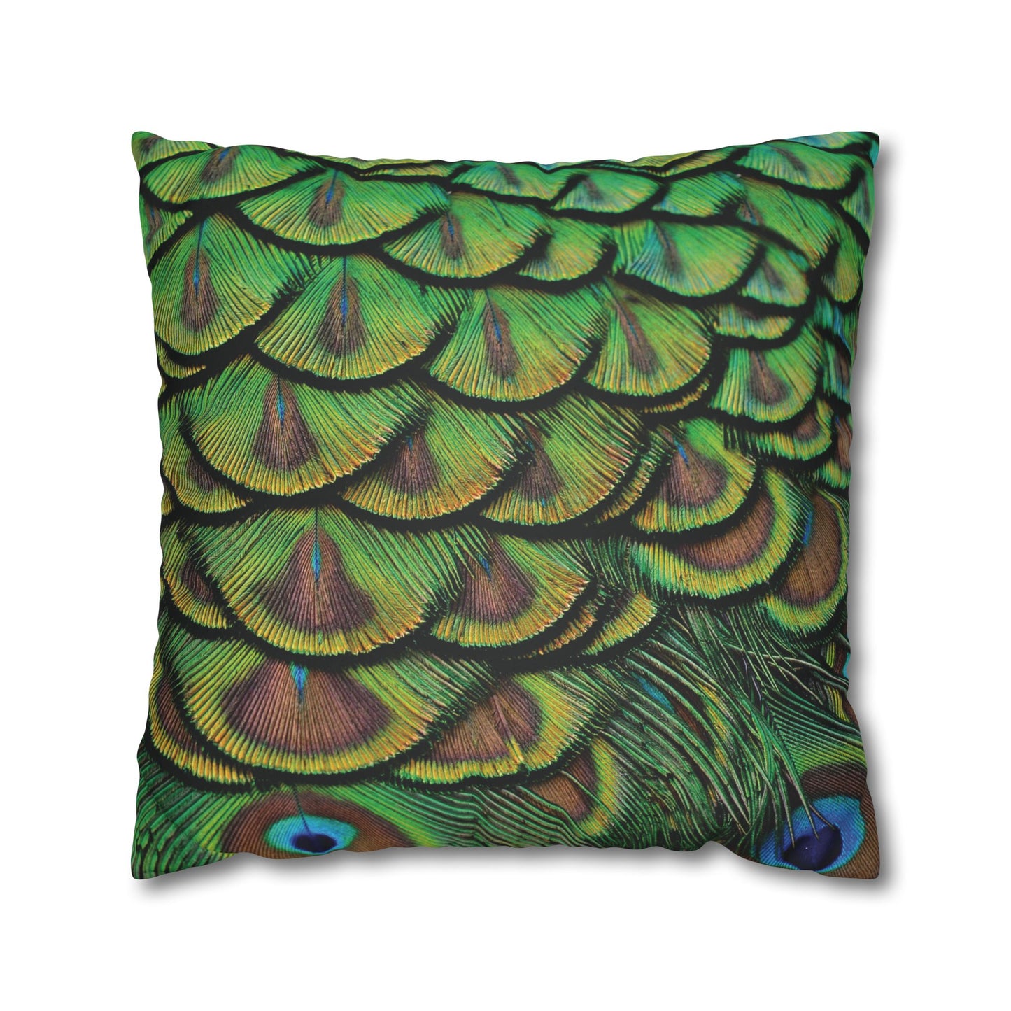 Faux Suede Square Pillowcase - Majestic Green Peacock Feathers