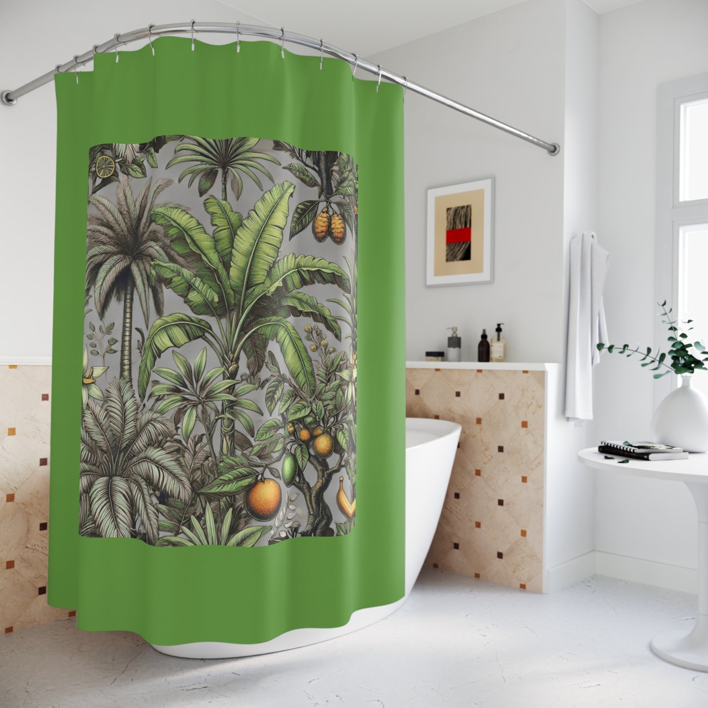 Palm Tree Shower Curtain - Ocean Bathroom Decor / Tropical Fruit/Grey, Green
