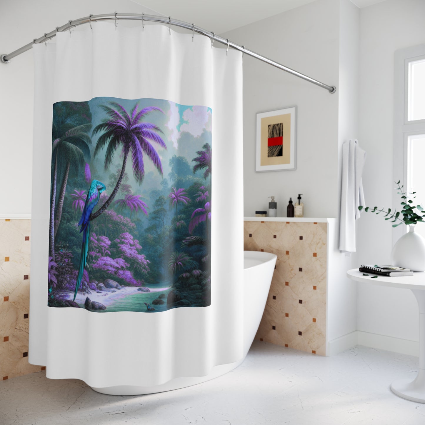 Tropical Shower Curtain - Rainforest Bathroom Decor / Sleeping Beauty Parrot Fantasy, White