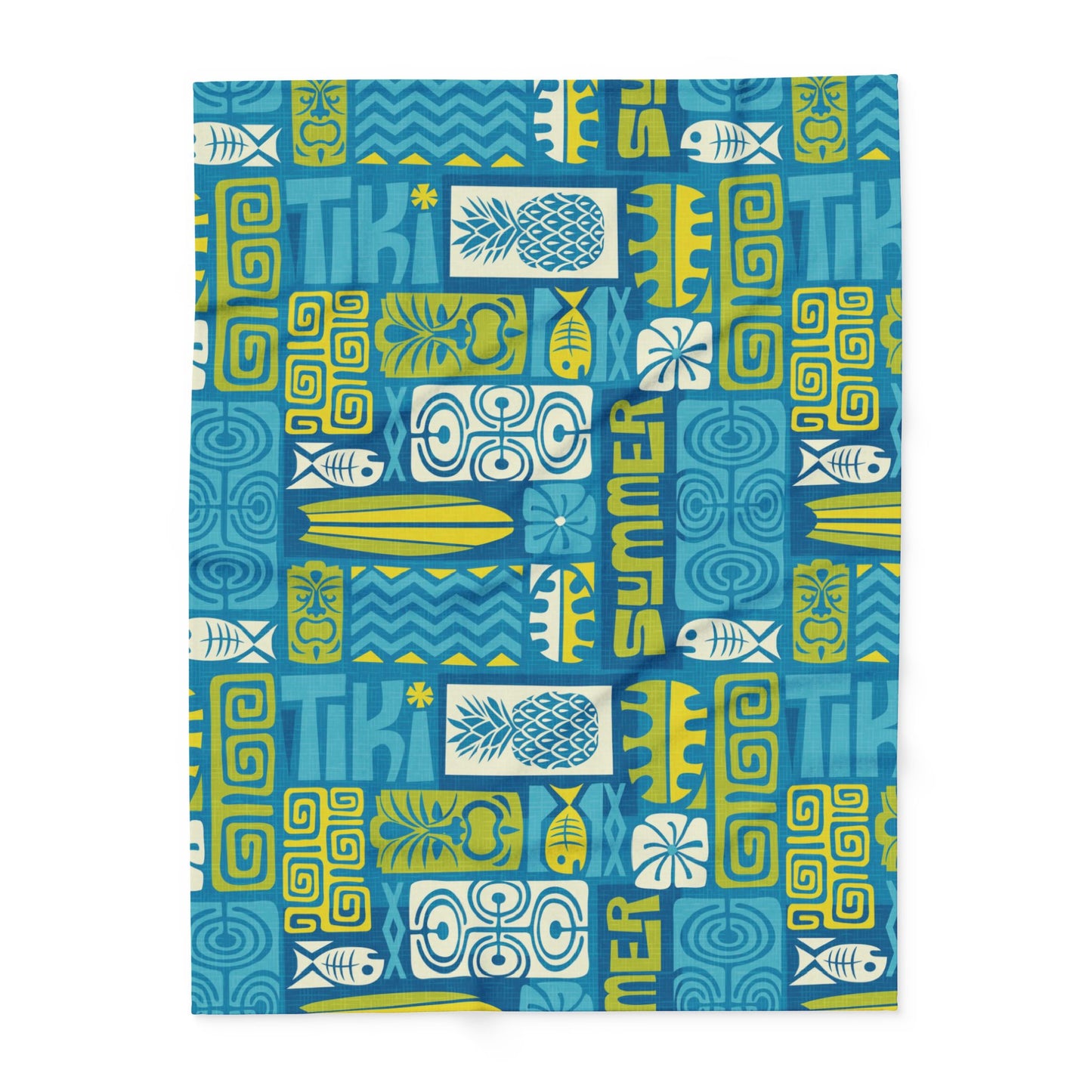 Tiki Poster Blue Fleece Blanket - Colorful Tropical Botanical Design