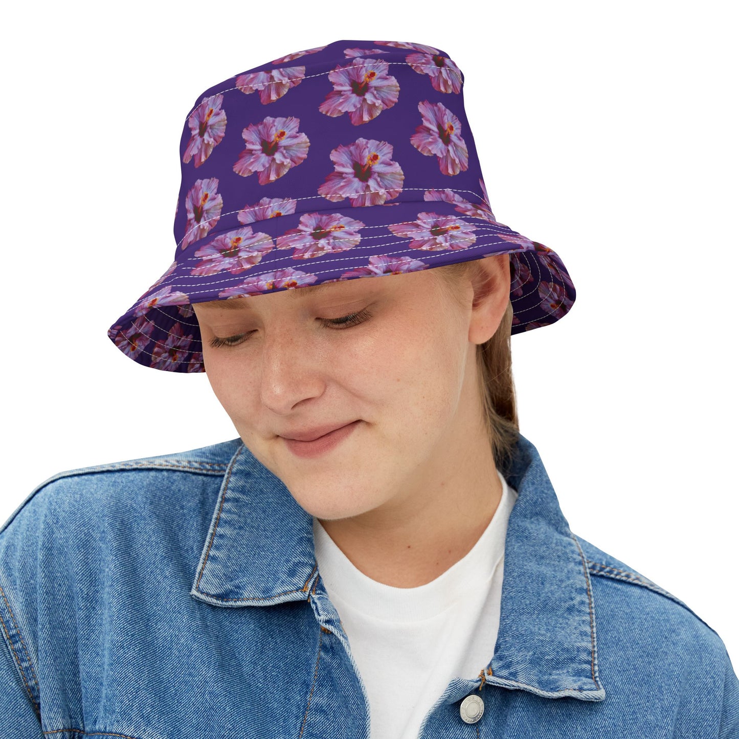 Tropical Polyester Bucket Hat, 2 Sizes - Purple Hibiscus/Purple