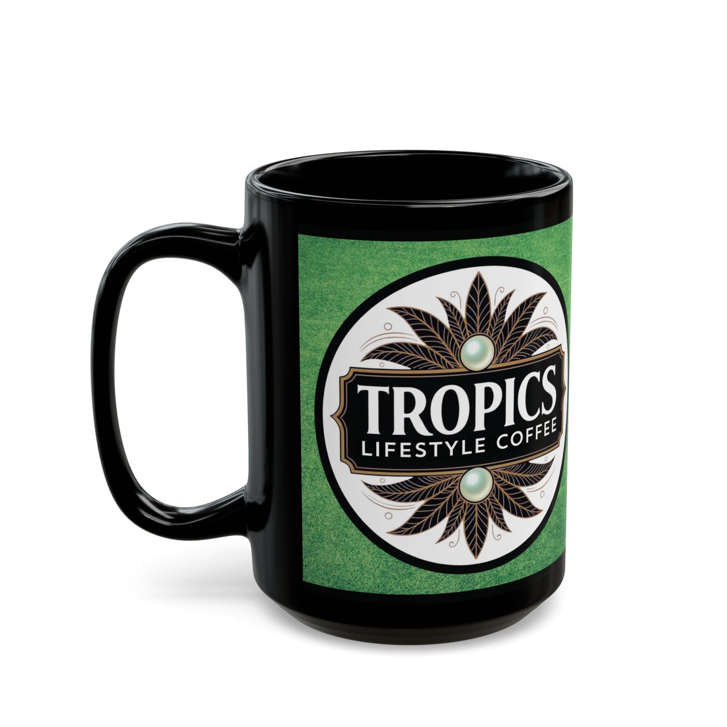Black Coffee Mug - Green Bkground /TLCoffee Logo