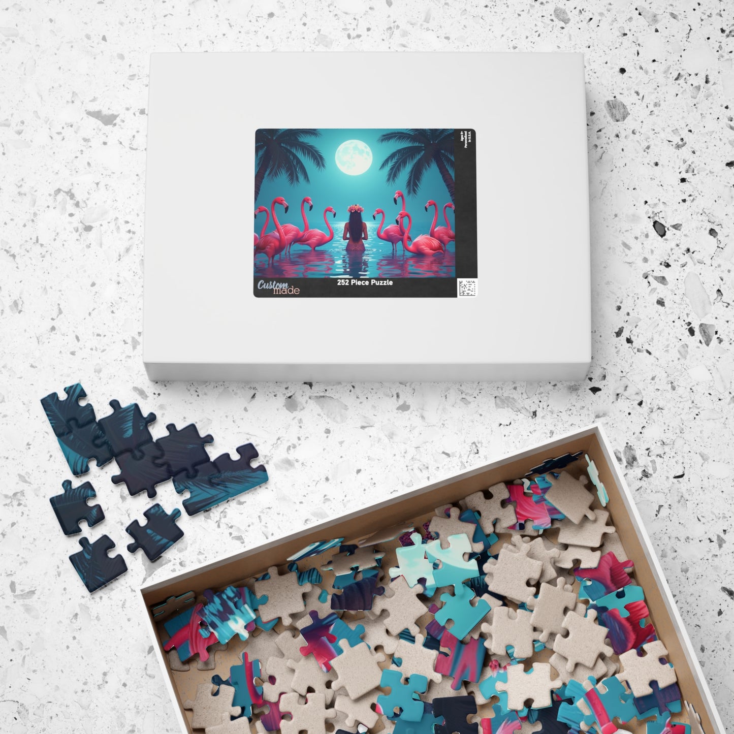 Moonlit Mermaid and Flamingos Troical Puzzle, 4 Sizes - Relaxing Jigsaw for Island Vibes