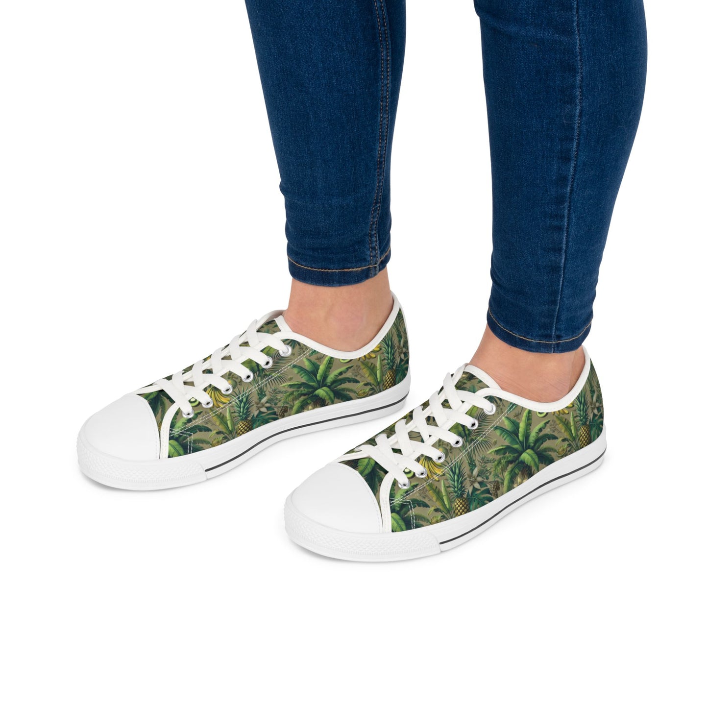 Stylish Women's Low Top Sneakers - Trendy Tropical Casual Footwear for Everyday Wear / Palms and Tropical Fruit/Taupe