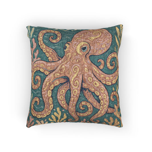 Woven Pillow, 17"W x 18"L ~ Octopus Kraken Joe, Red