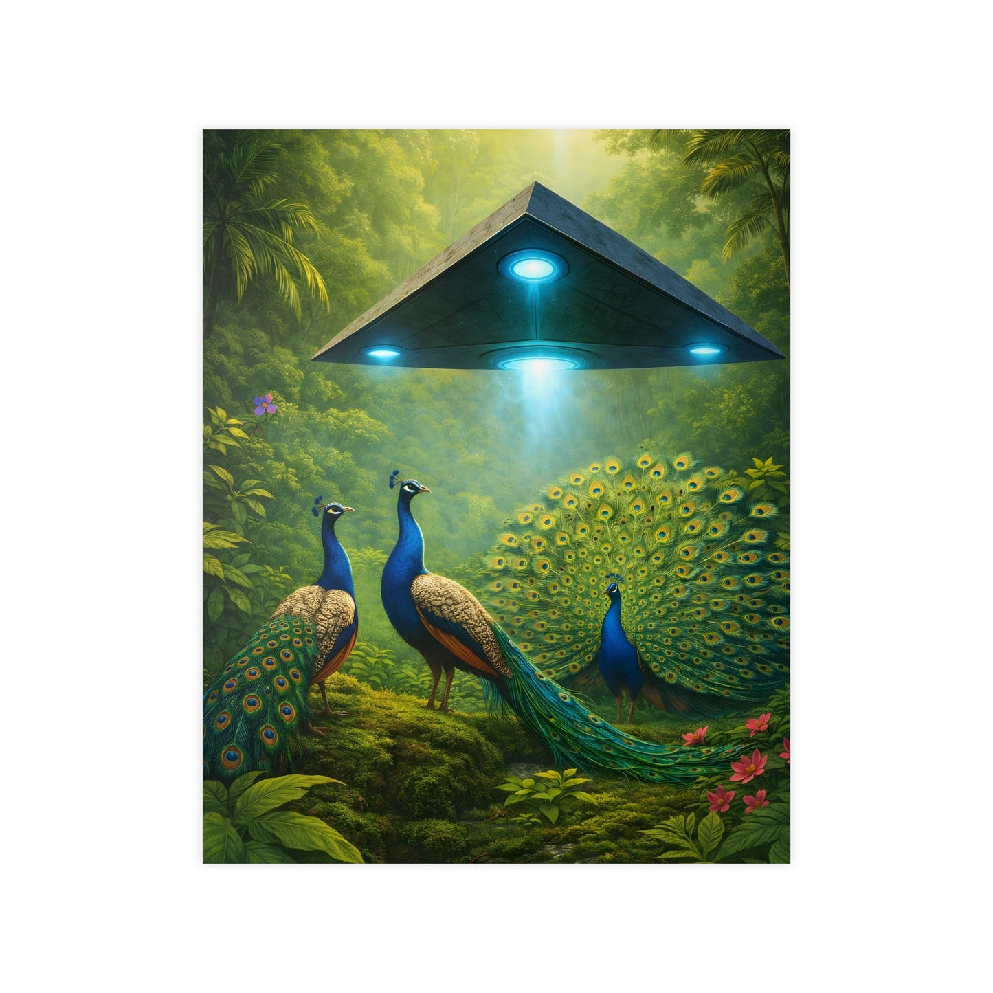 Photopaper Poster — UFO & Peacocks Sci‑Fi Wall Art