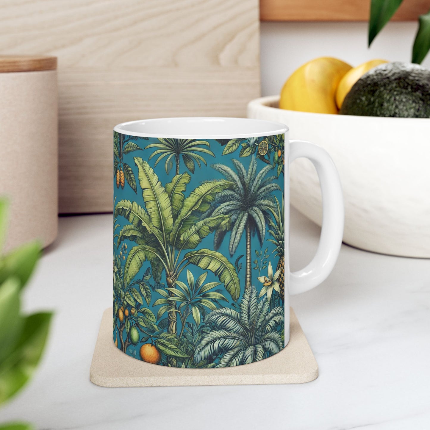 Ceramic White Mug - 11oz & 15oz, Tropical Fruit Blue