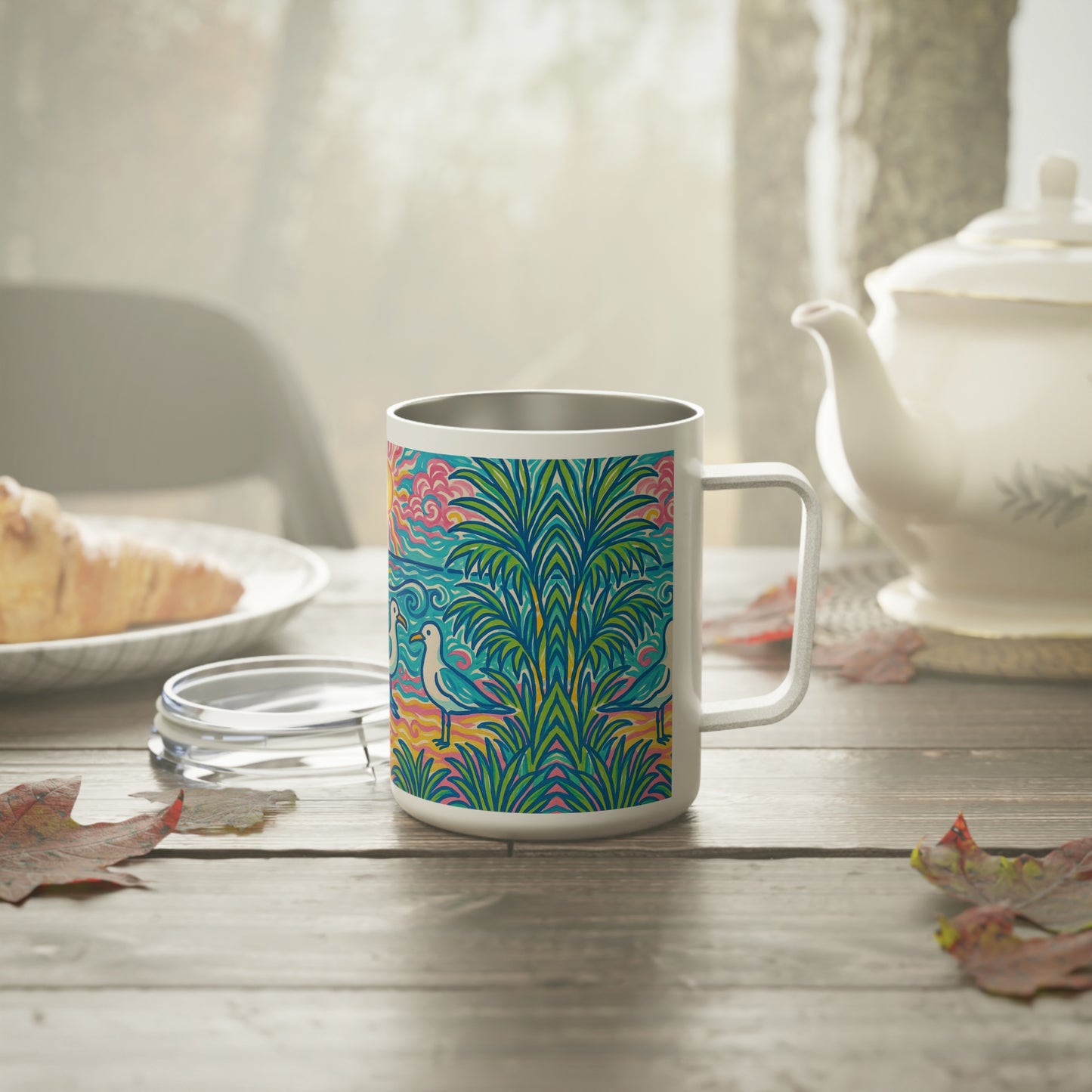 Tropical Insulated Coffee Mug, 10oz / Seagulls on the Beach