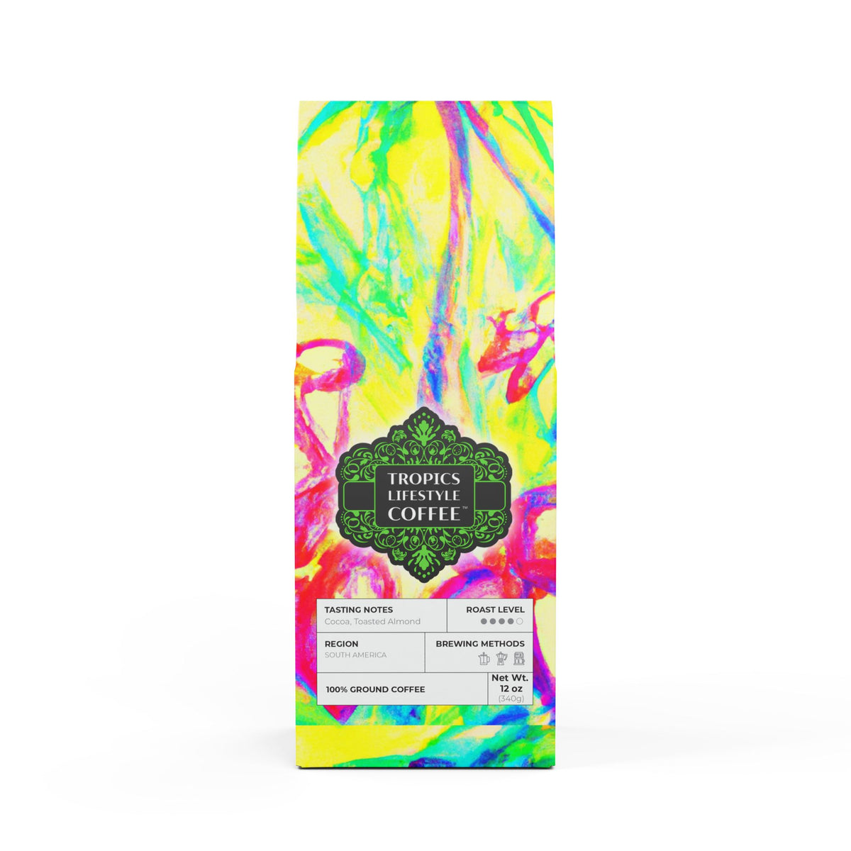Midnight Surf Blend™ (Medium-Dark Roast) Specialty Grade Craft Coffee / Tropical Doodles, Yellow