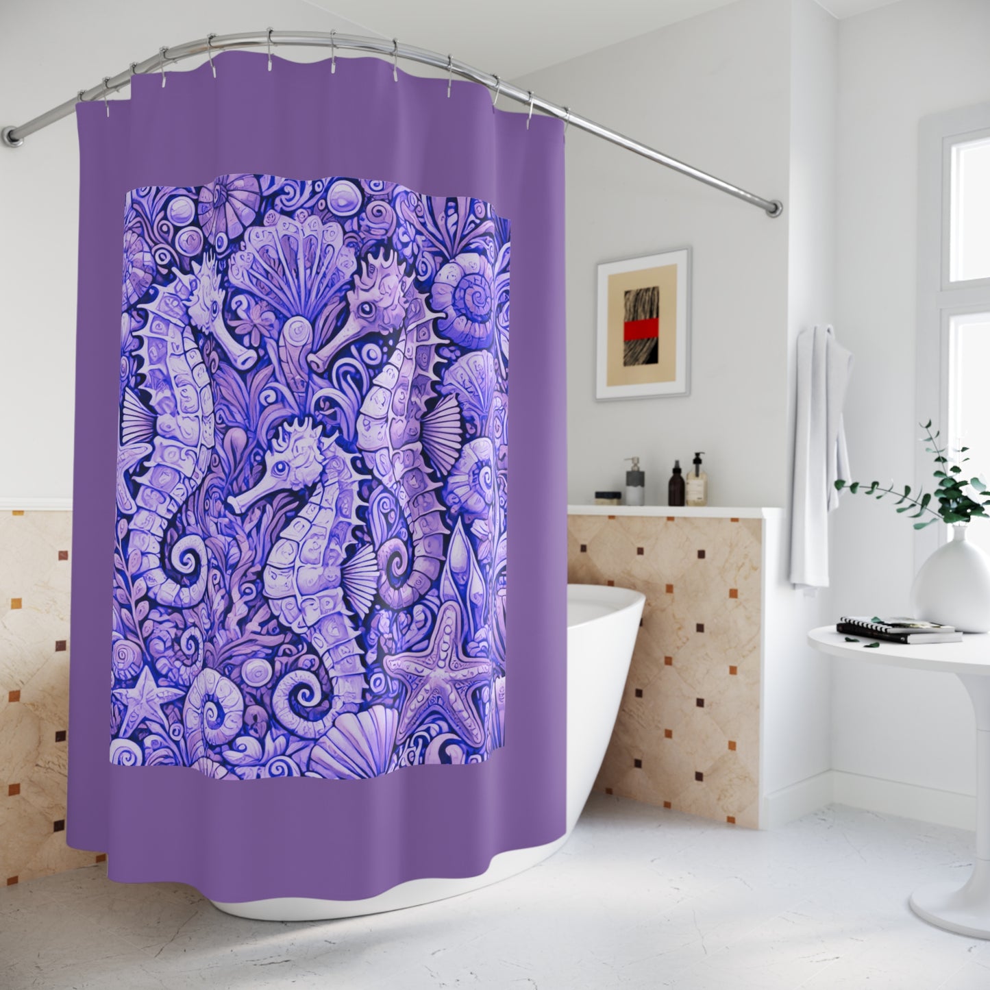 Tropical Shower Curtain - Ocean Bathroom Decor / Seahorse Trio Amethyst/Lt. Purple