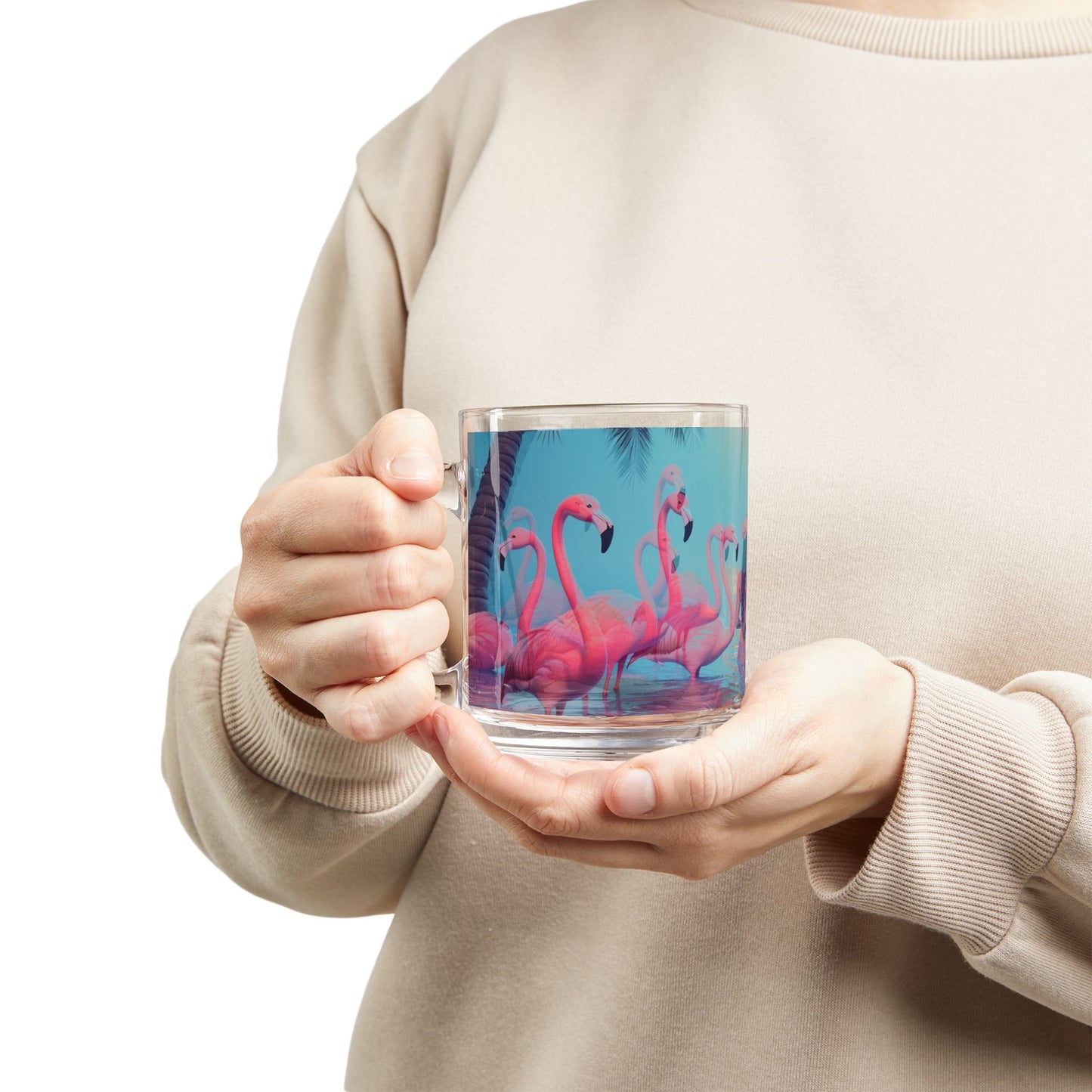Tropical Glass Mug - 10oz Coffee Cup / Moonlit Mermaid and Flamingos
