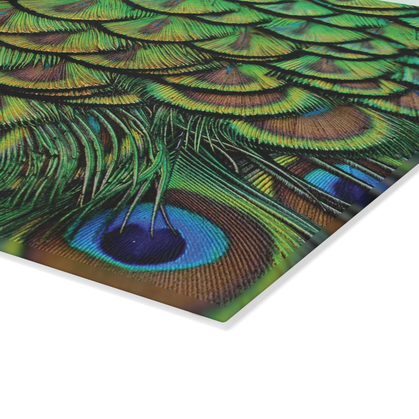 Glass Cutting Board, 2 sizes - Brilliant Green Peacock Feathers