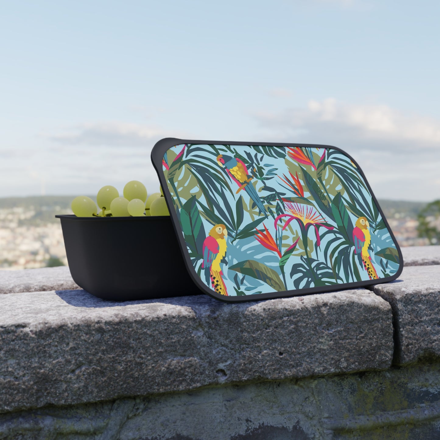 Bento Box with Utensils - Tropical Parrots Blues