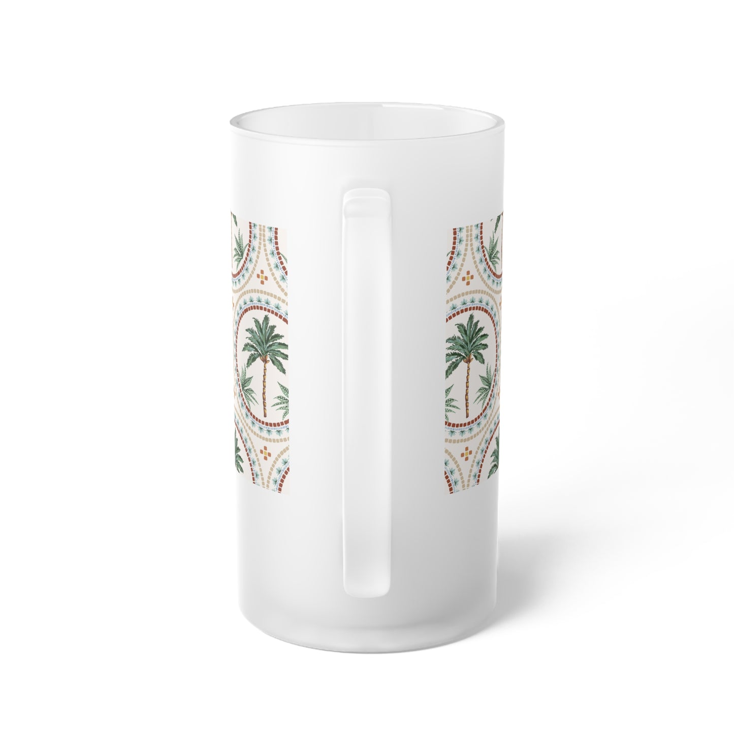 Frosted Glass Beer Mug, Mosaic Palm Tree