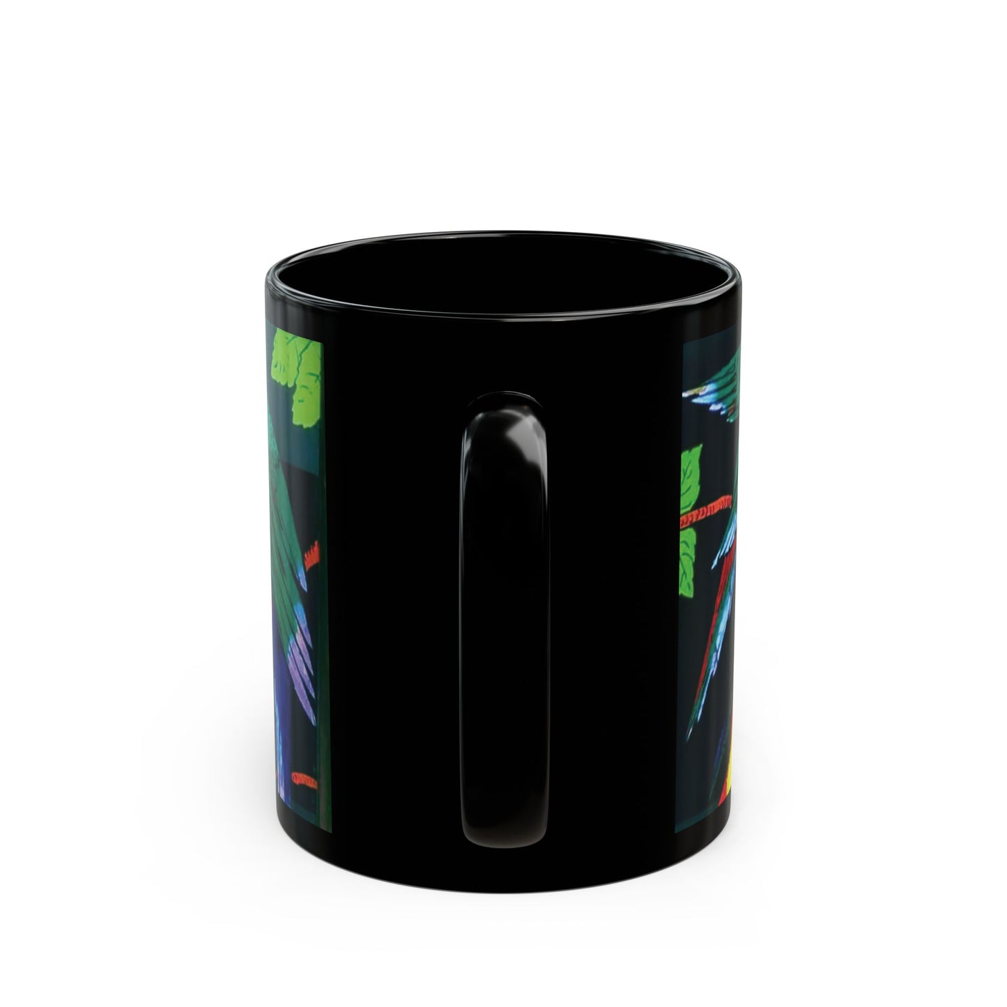 Black Coffee Mug, 2 Sizes - Parrots & Butterfly/Real Wings