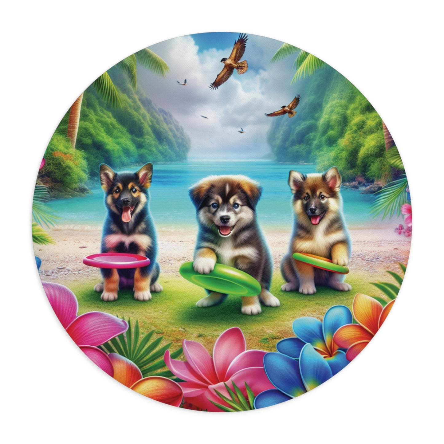 Tropical Mouse Pad, 2 Shapes - Beach Vibes for Home Office & Gamer / Three Puppies on Beach Playing Frisbee