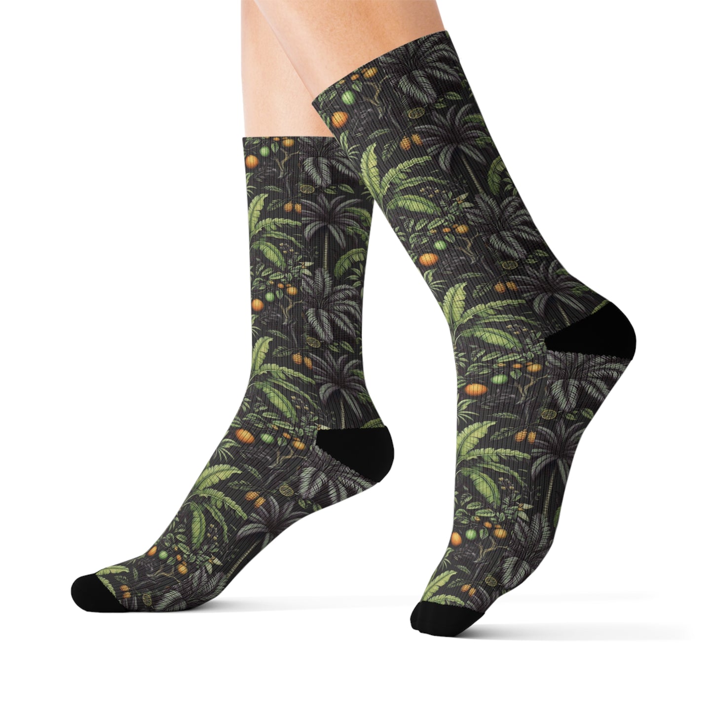Tropical Fruit/Black Sublimation Fleece-Lined Socks - Colorful Palm Tree Design