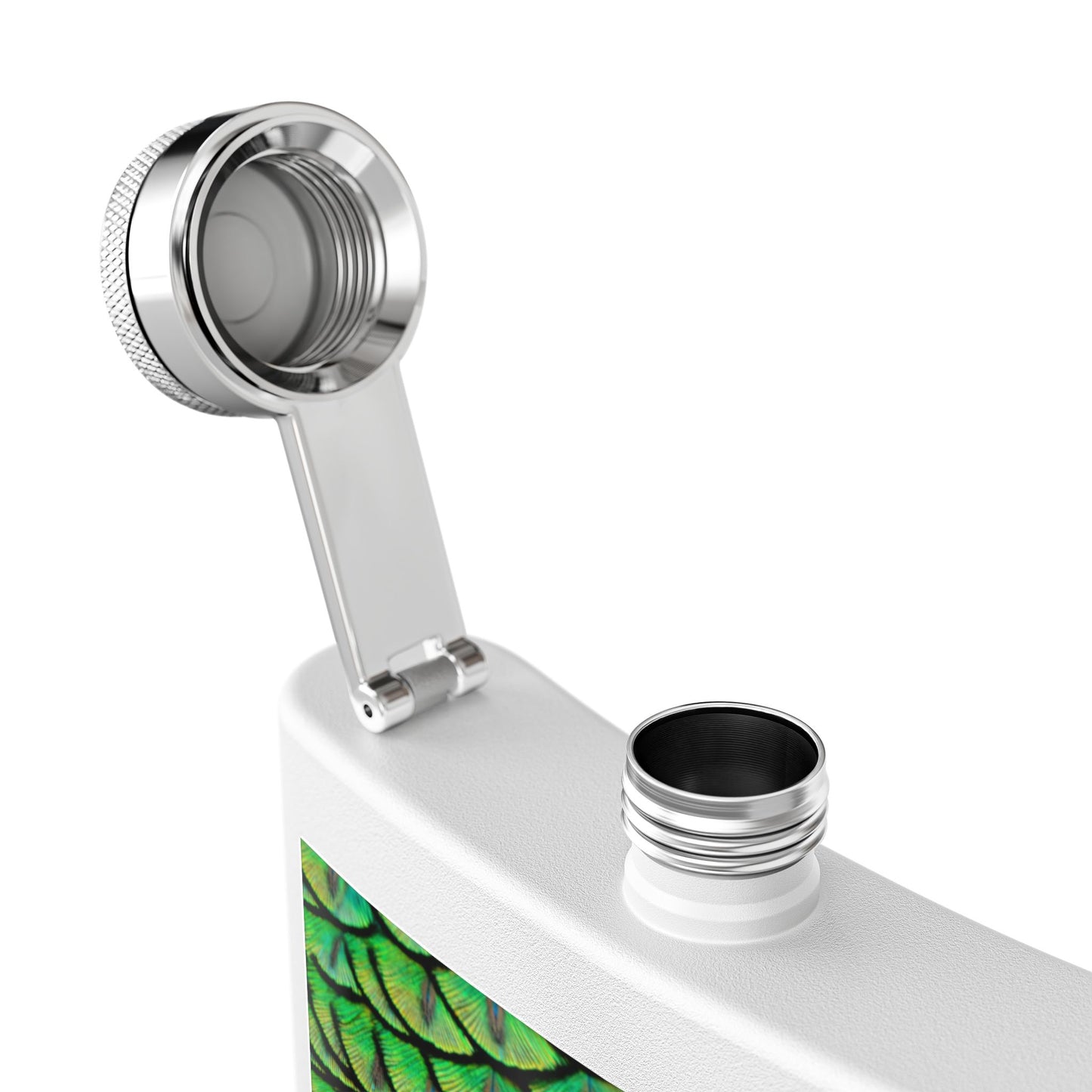 Tropical Stainless Steel 6 oz. Flask, Many Colors  –Brilliant Green Peacock Feathers