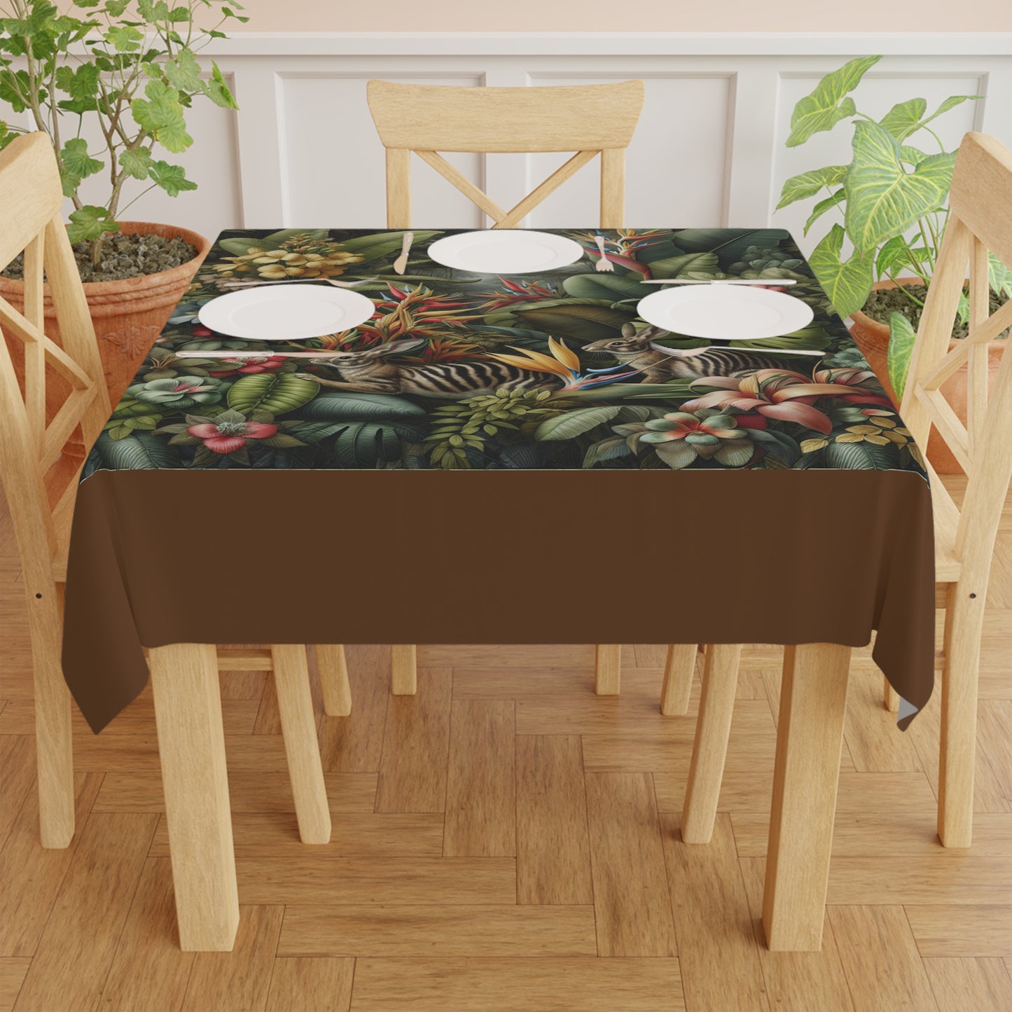 Rainforest Rabbit Outing/Brown Tablecloth, 55" x 55"