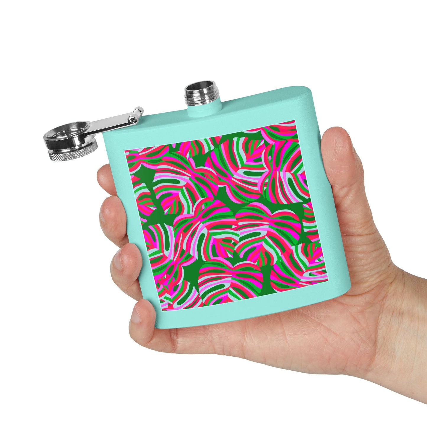 Tropical Stainless Steel 6 oz. Flask, Many Colors  – Neon Monstera Party