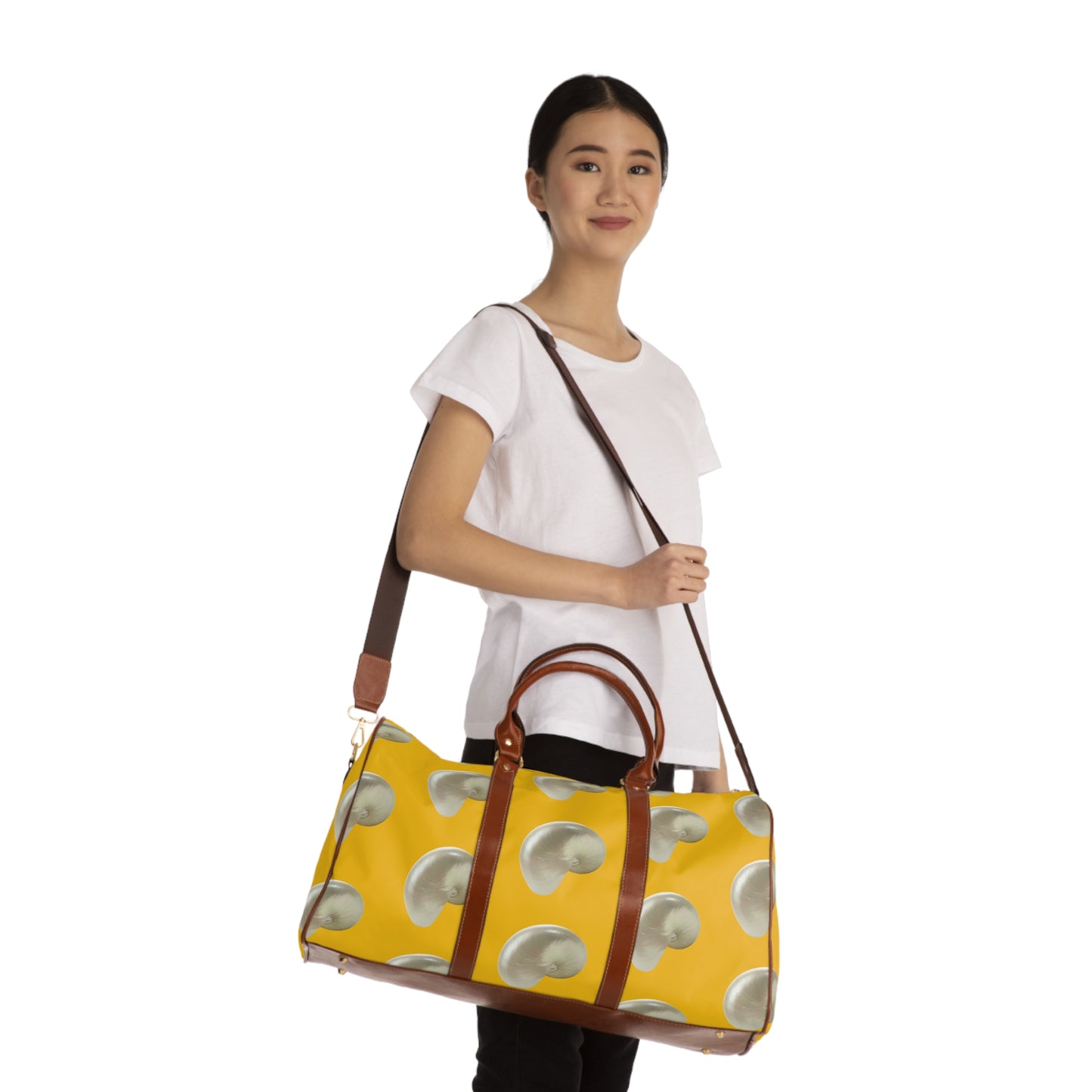 Tropical Waterproof Travel Bag - Perfect for Beach Getaways / Real White Nautilus Shells, Yellow