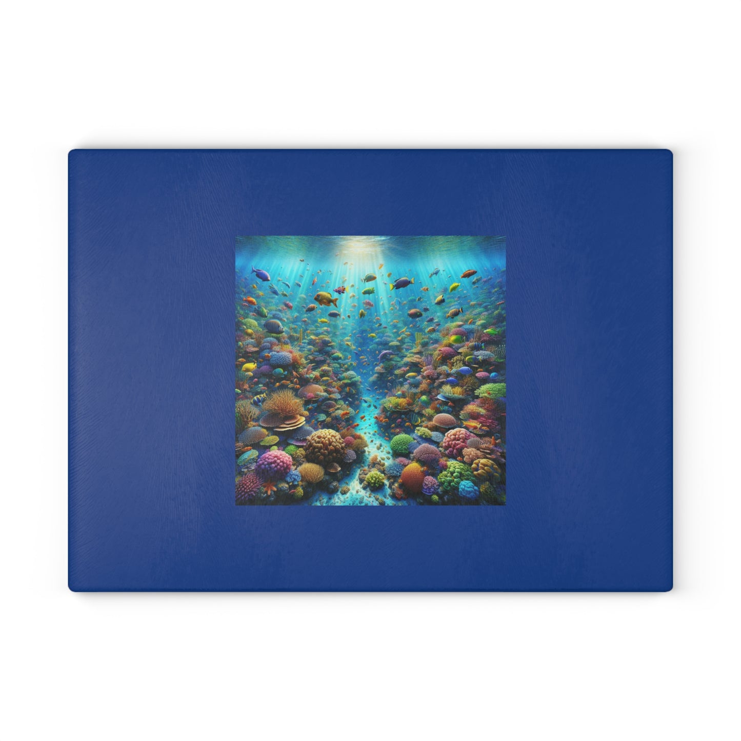 Glass Cutting Board, 2 sizes - Busy Coral Reef/Dark Blue