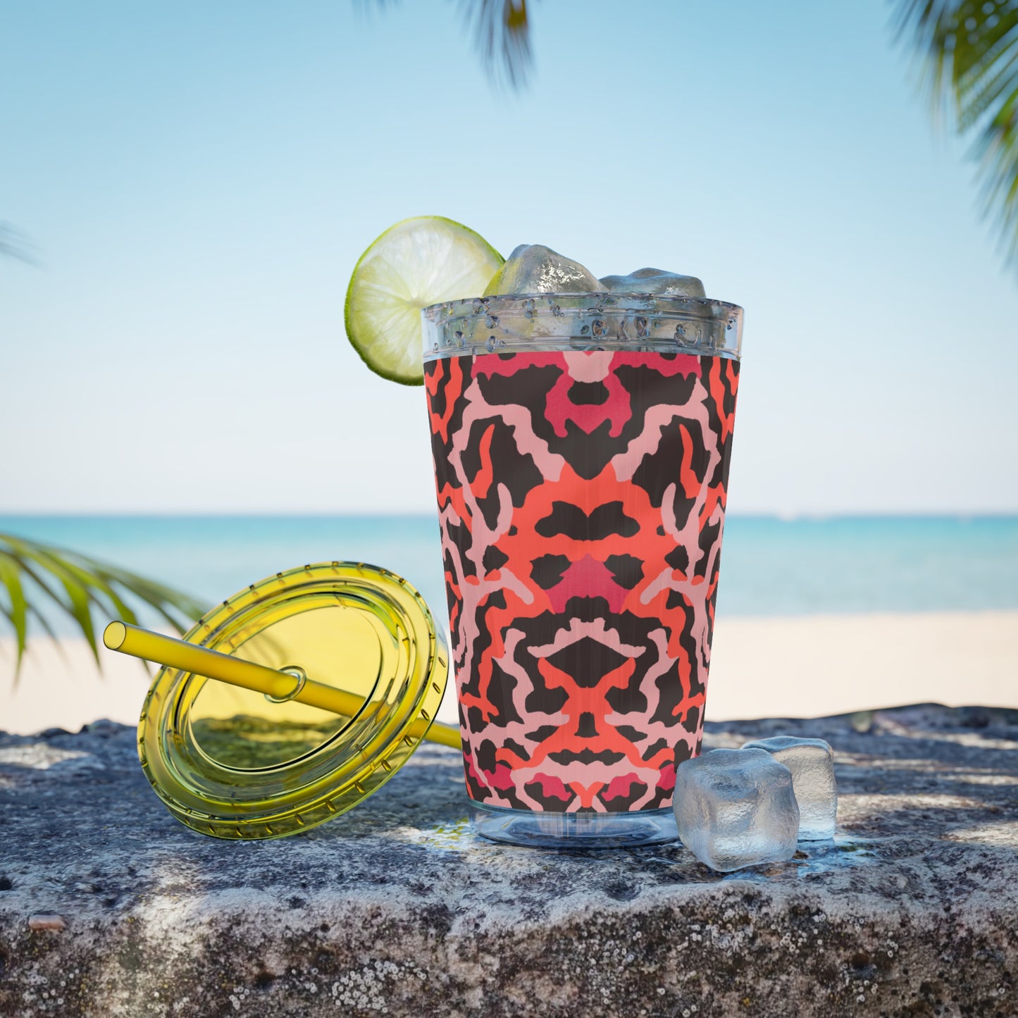 Tropical Tumbler with Straw | 16oz Colorful Travel Cup / Coral Threads, Red