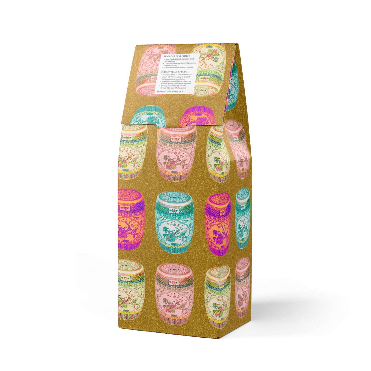 Beach Sunrise Blend™ (Light Roast) Specialty Grade Craft Coffee / Tropical Garden Stools, Gold