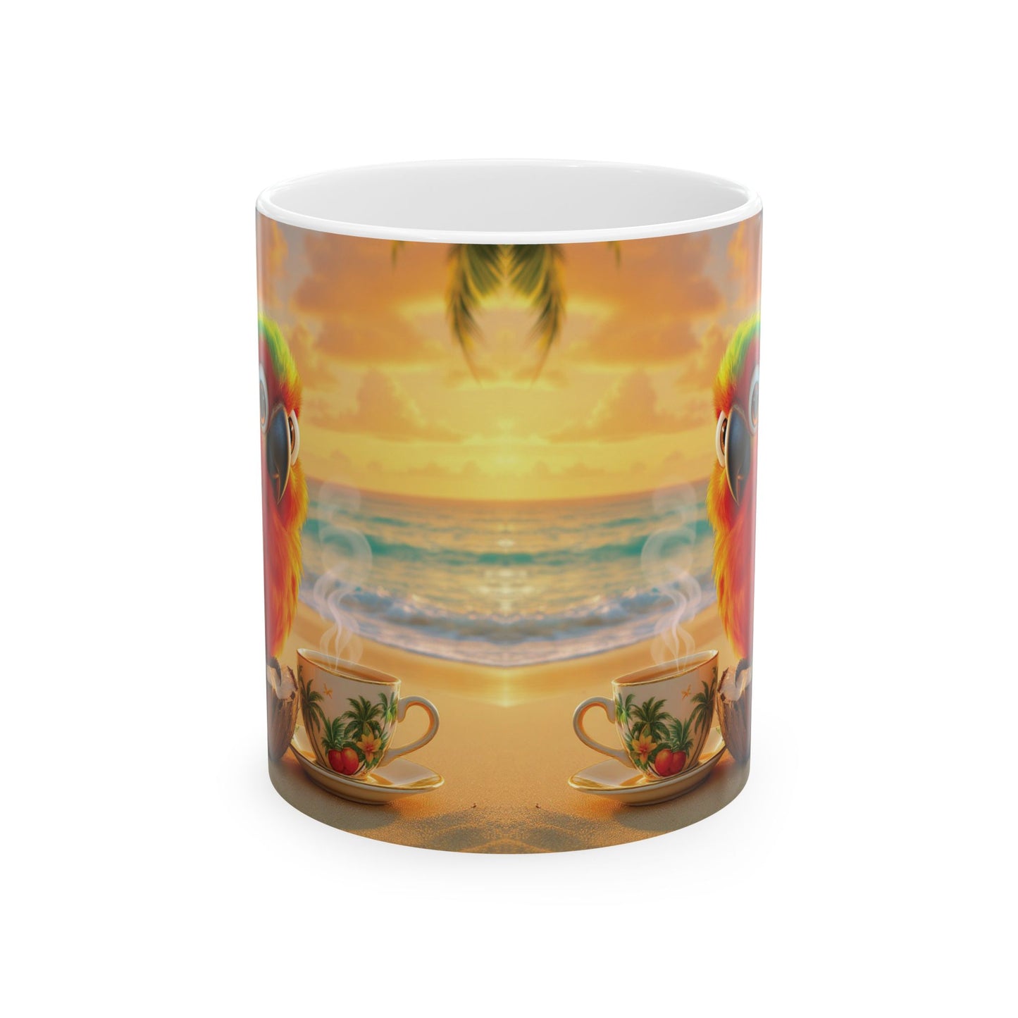Ceramic White Mug - Tiki the Parrot on the Beach