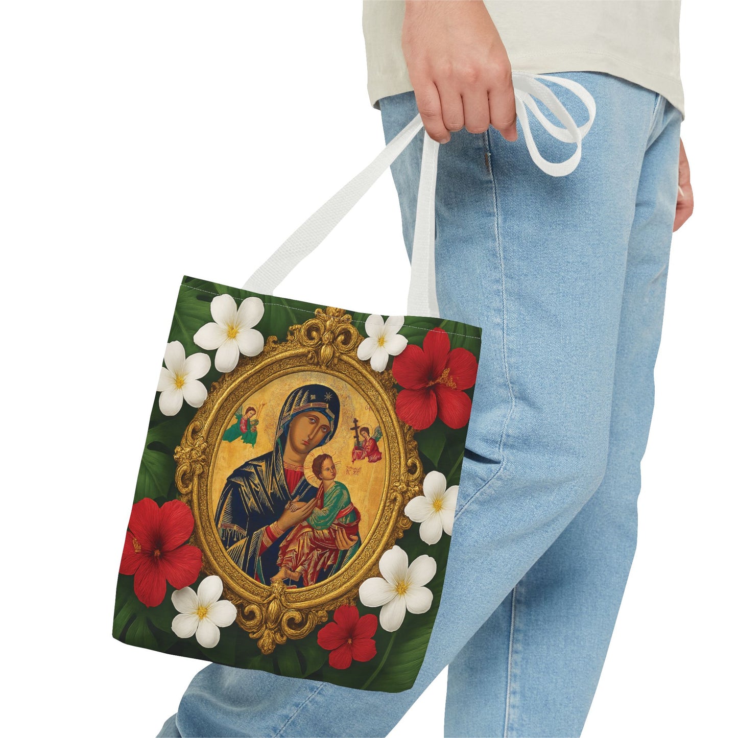 Religious Art Polyester Tote Bag, 3 Sizes / Our Lady of Perpetual Help, Red Flowers