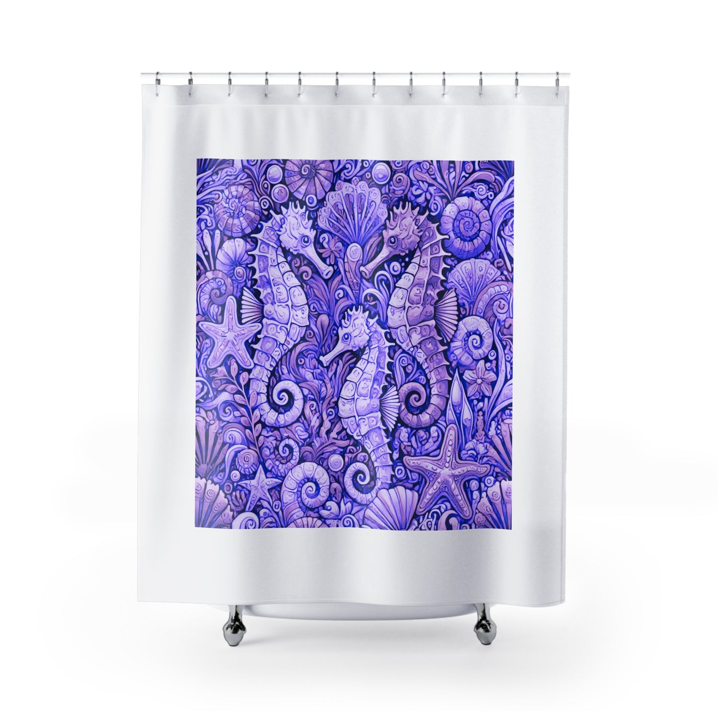 Tropical Shower Curtain - Ocean Bathroom Decor / Seahorse Trio Amethyst/White
