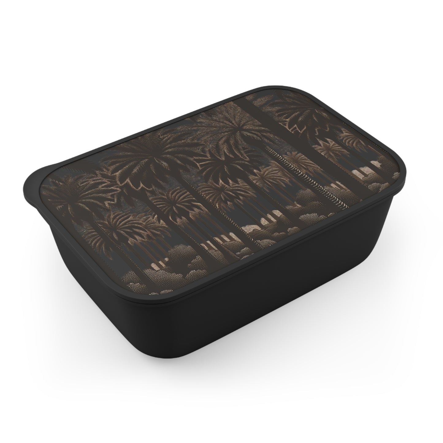 Bento Box with Utensils - Woodcut Palm Grove, Black