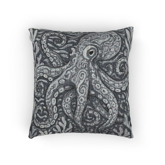 Woven Pillow, 17"W x 18"L ~ Octopus Kraken Joe, Slate