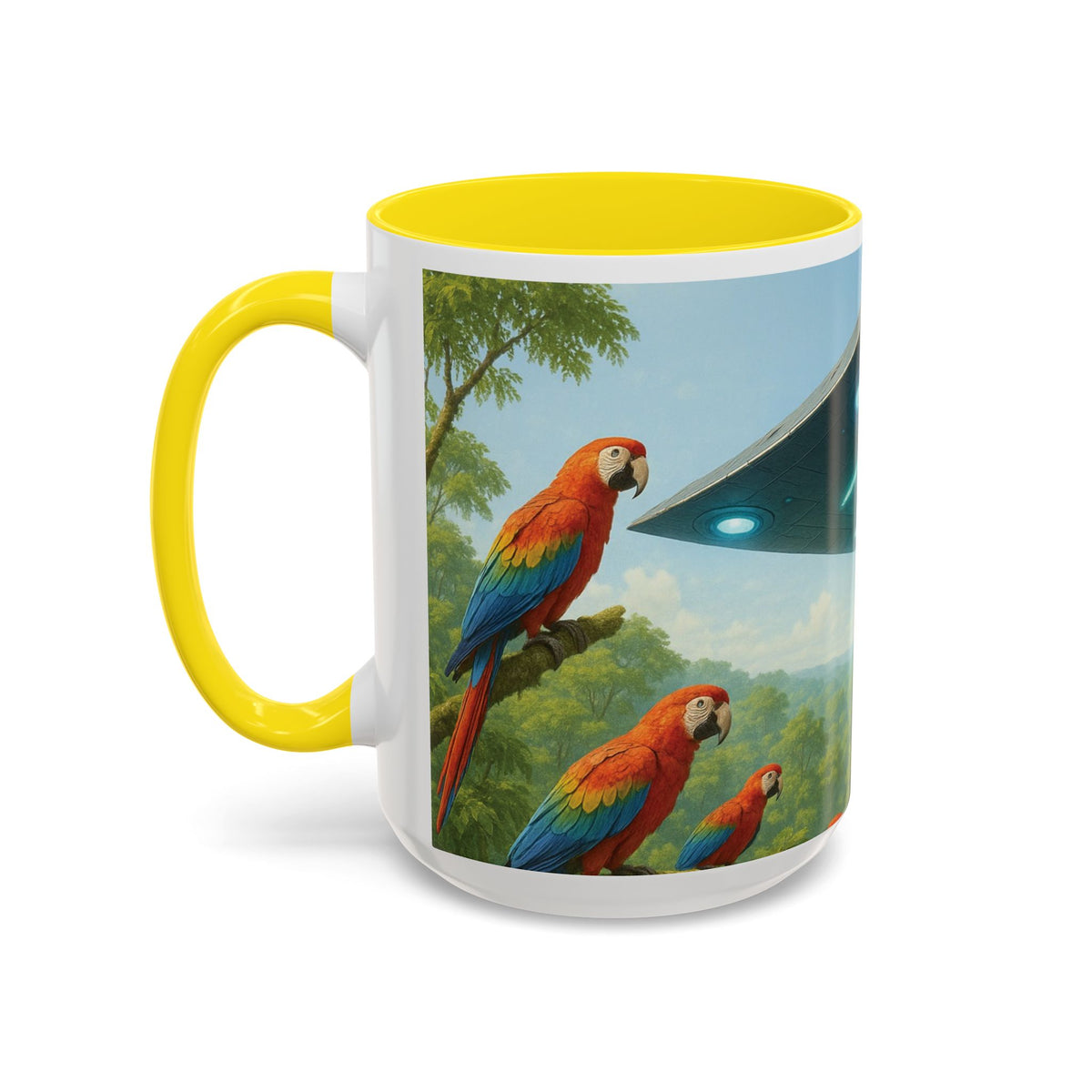 Accent Coffee Mug (11, 15oz), 8 Colors - UFO and Macaws