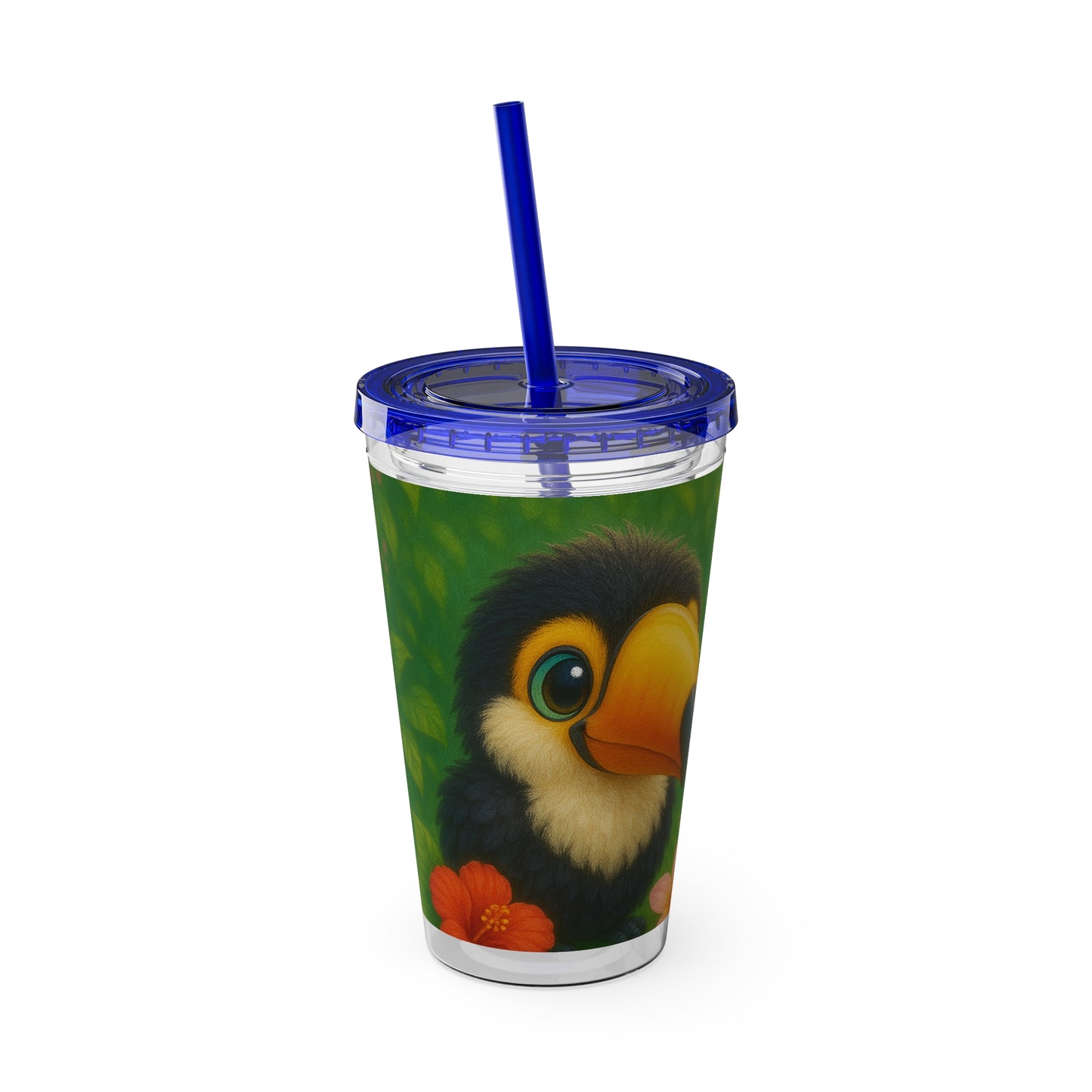 Tropical Tumbler with Straw | 16oz Colorful Travel Cup / Baby Toucans