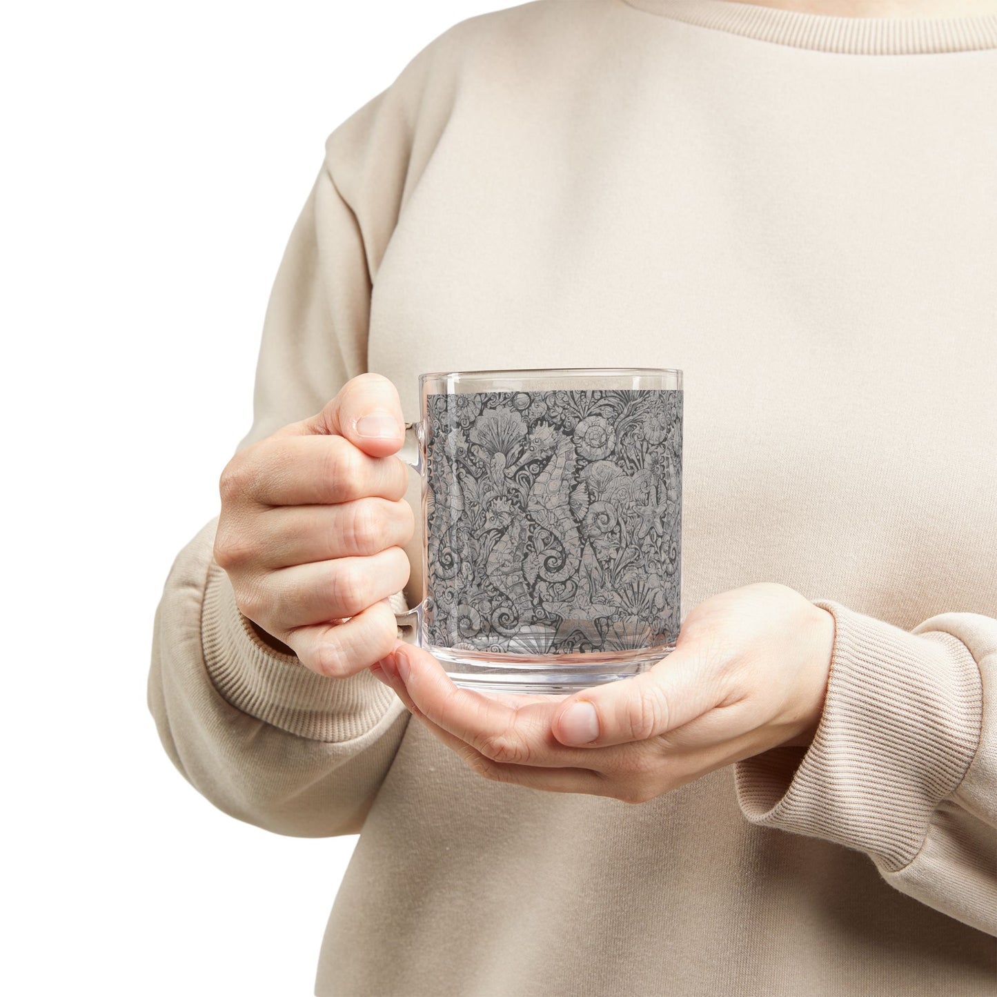 Tropical Glass Mug - 10oz Coffee Cup / Seahorses, Noir